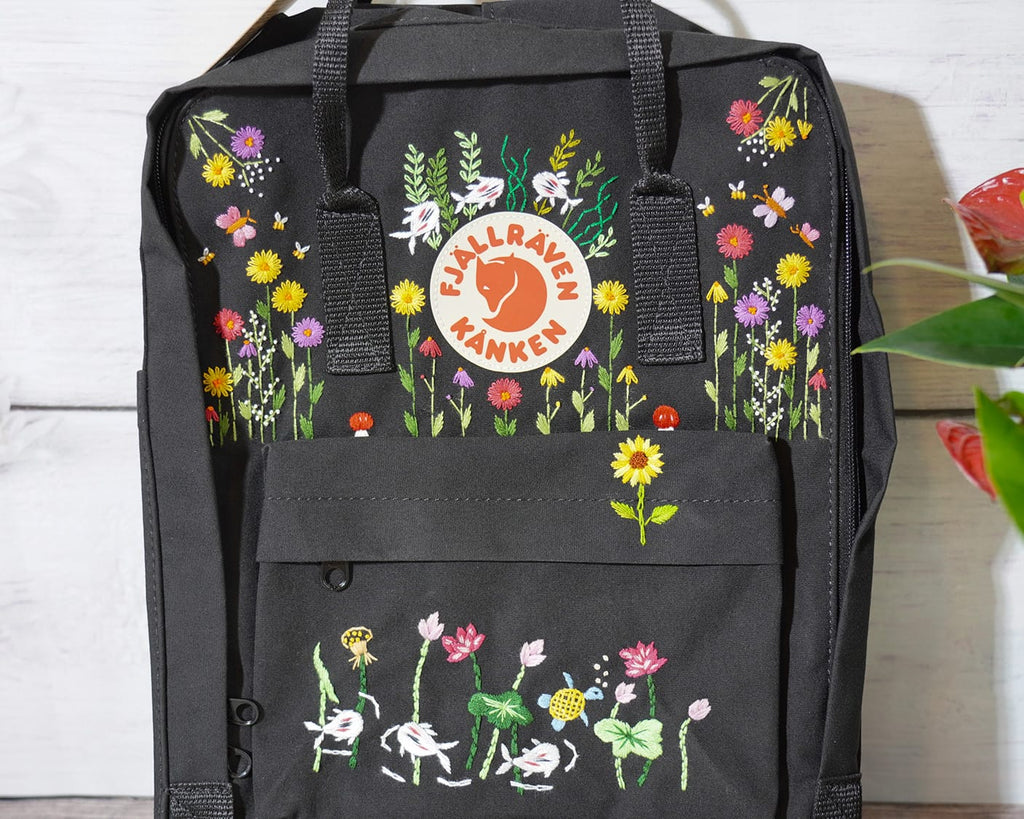  Custom Kanken Backpack – Multicolor Sunflowers & Koi Fish Embroidery - Personalized Embroidered Backpack - Custom Bag for Women 