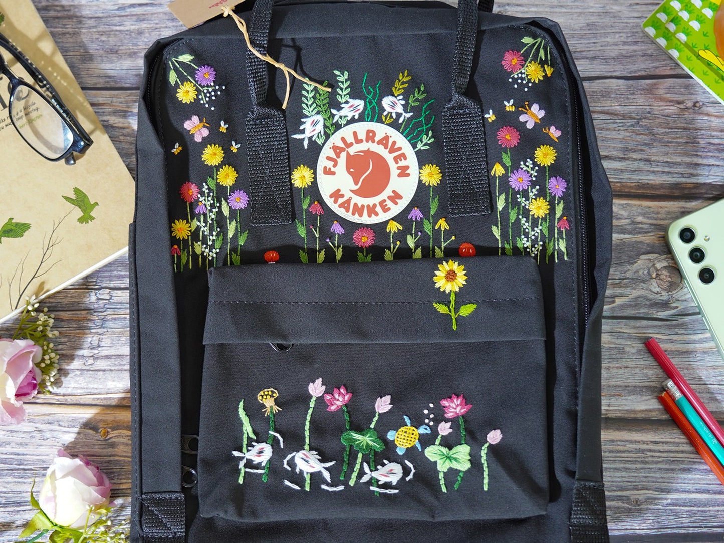 Fjallraven Kanken backpack embroidered with lotus and koi fish/ Lotus embroidered on fjallraven kanken backpack