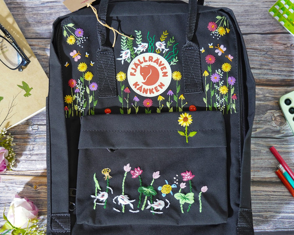 Custom Kanken Backpack – Multicolor Sunflowers & Koi Fish Embroidery - Personalized Embroidered Backpack - Custom Bag for Women 