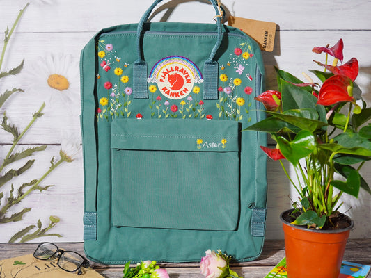 Hand Embroidery on Fjallraven Kanken Backpack with Flowers and rainbow/ Kanken Backpack Embroidered with Flower and rainbow