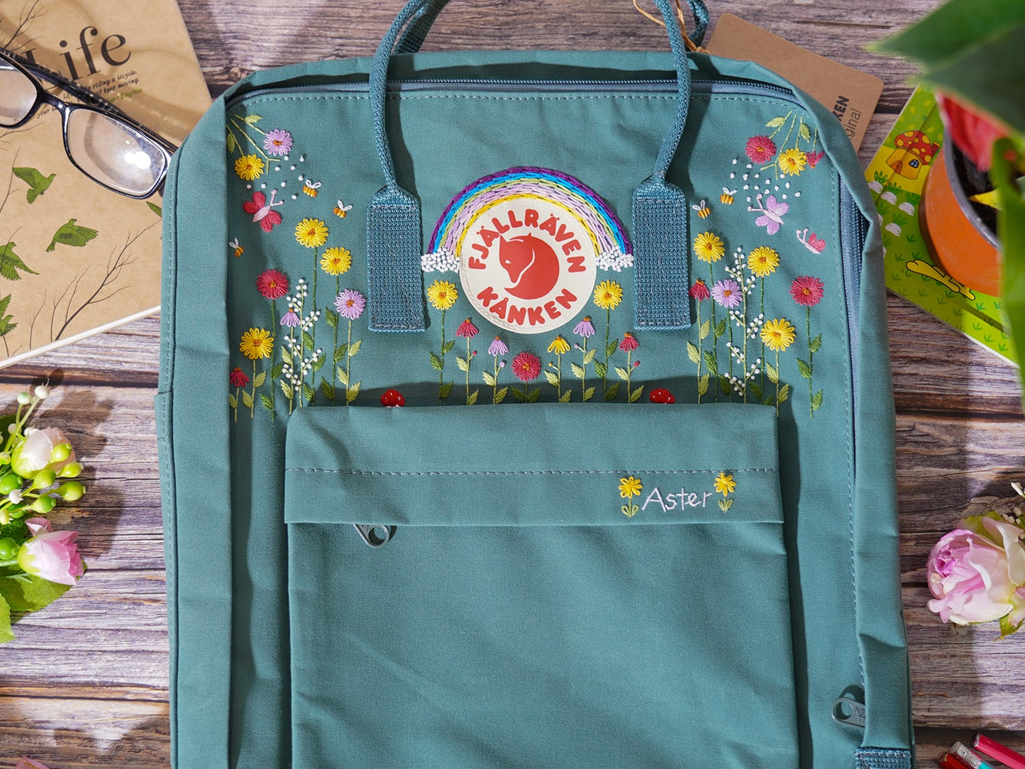 Hand Embroidery on Fjallraven Kanken Backpack with Flowers and rainbow/ Kanken Backpack Embroidered with Flower and rainbow