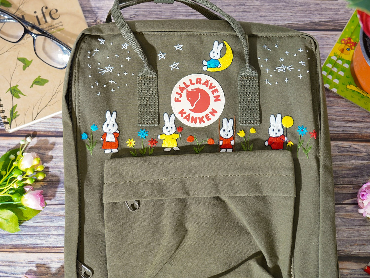 Miffy embroidery design fjallraven kanken backpack, Miffy character embroidered on fjallraven kanken backpack