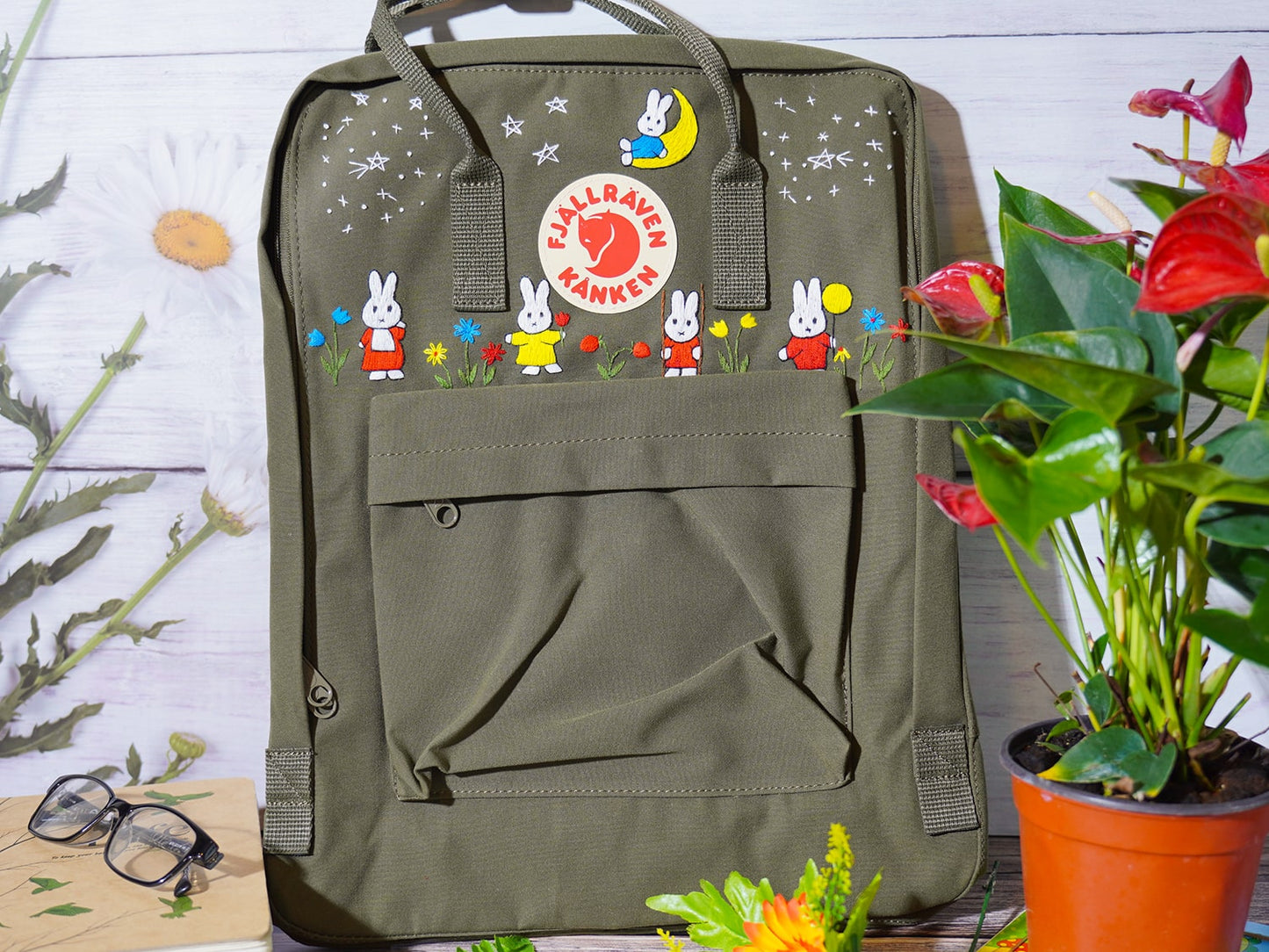 Miffy embroidery design fjallraven kanken backpack, Miffy character embroidered on fjallraven kanken backpack