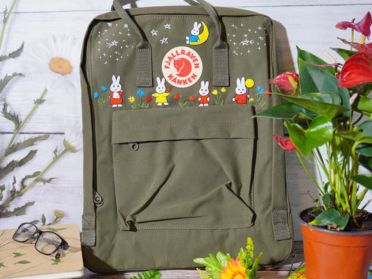 Miffy embroidery design fjallraven kanken backpack, Miffy character embroidered on fjallraven kanken backpack