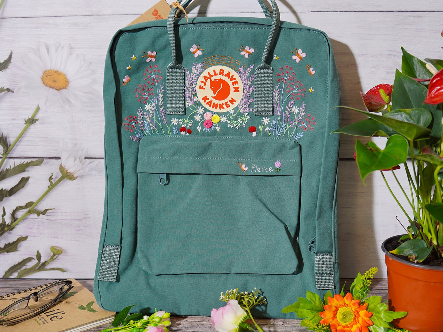 Fjallraven kanken bag with lavender and butterfly embroidery/Lavender and butterfly embroidery design on fjallraven kanken backpack