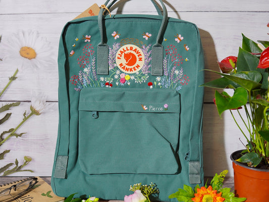 Fjallraven kanken bag with lavender and butterfly embroidery/Lavender and butterfly embroidery design on fjallraven kanken backpack