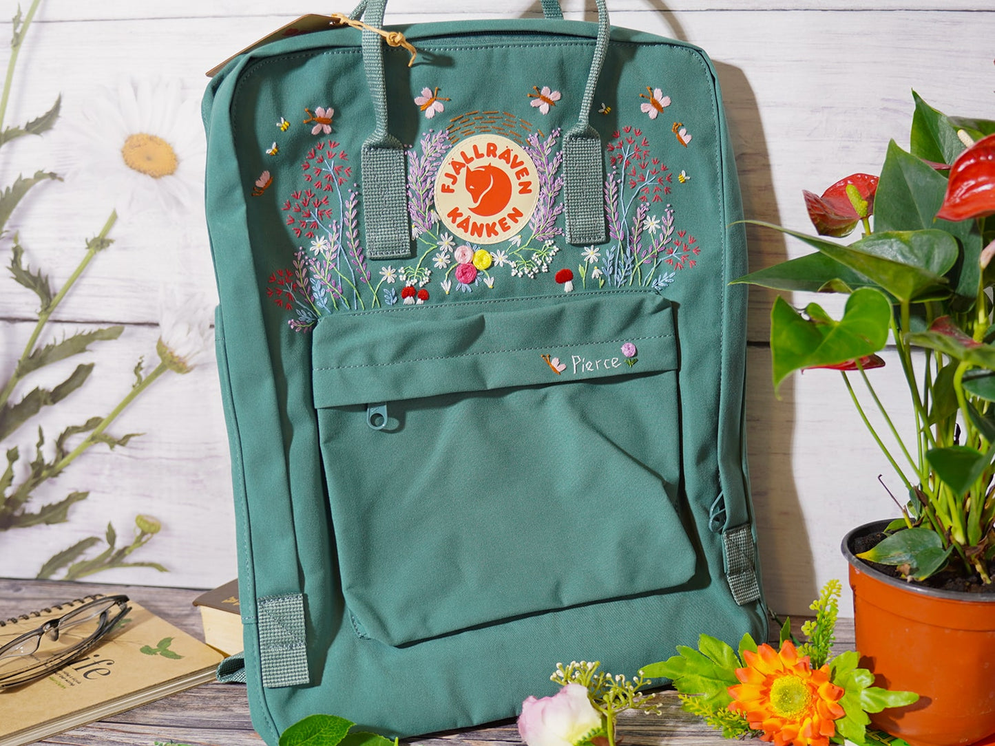 Fjallraven kanken bag with lavender and butterfly embroidery/Lavender and butterfly embroidery design on fjallraven kanken backpack