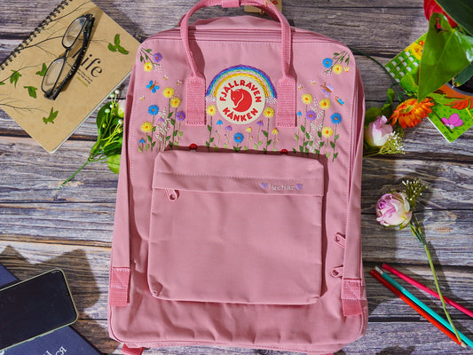 Fjallraven kanken backpack embroidered with forest flowers and rainbows,Custom hand embroidered flowers and rainbows with kanken backpack