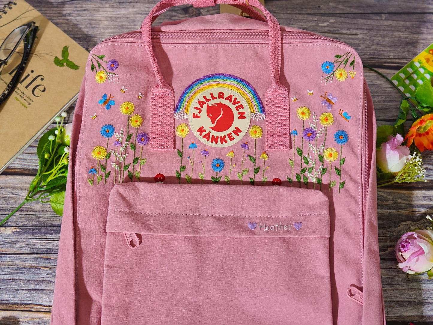 Fjallraven kanken backpack embroidered with forest flowers and rainbows,Custom hand embroidered flowers and rainbows with kanken backpack