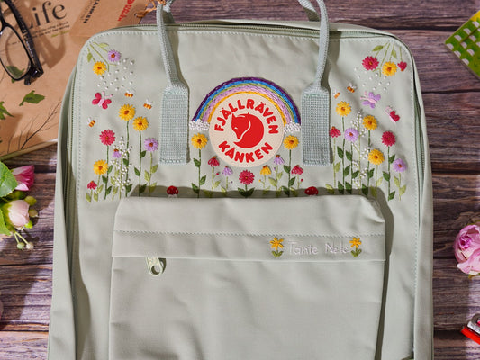 Fjallraven Kanken backpack embroidery design with flower and rainbow embroidery