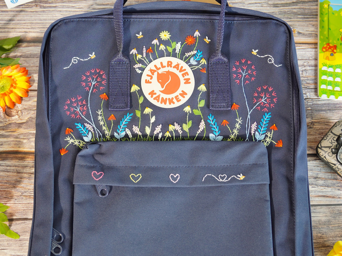 Lavender embroidery design on fjallraven kanken backpack, Lavender embroidery