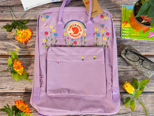 Fjallraven kanken backpack embroidered flowers and rainbow