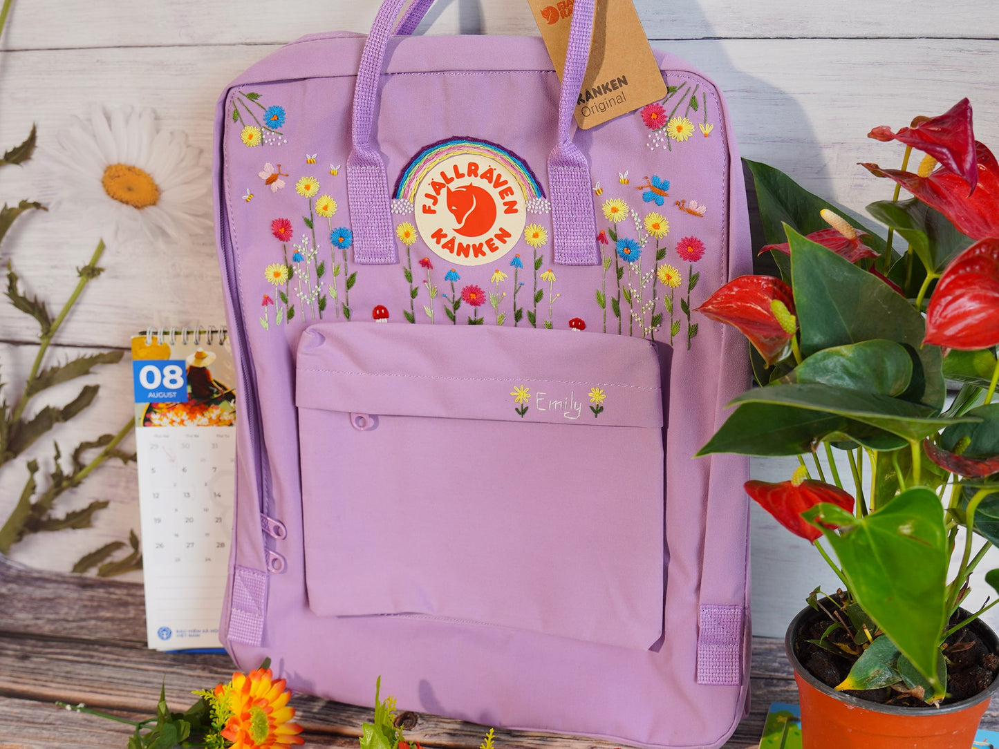 Fjallraven kanken backpack embroidered flowers and rainbow