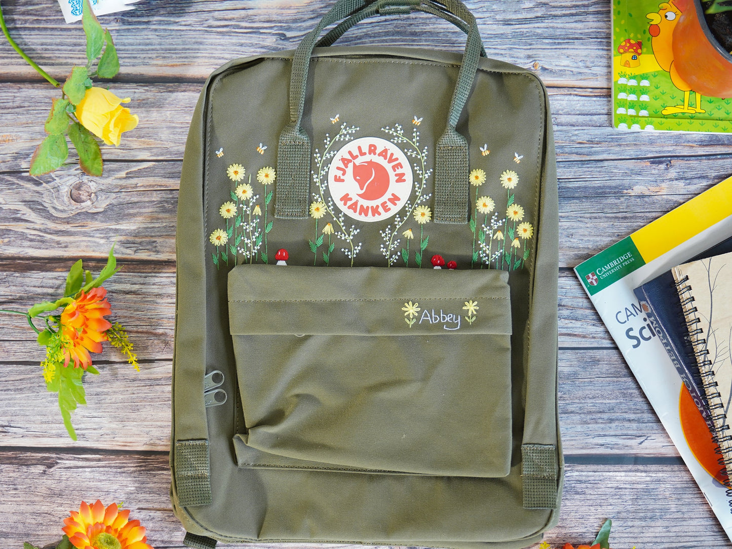 Hand Embroidery on Fjallraven Kanken Backpack with Flowers