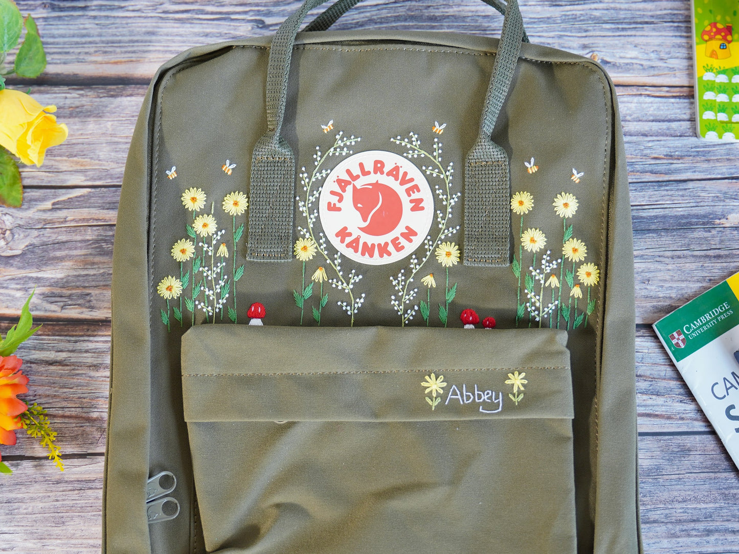 Hand Embroidery on Fjallraven Kanken Backpack with Flowers