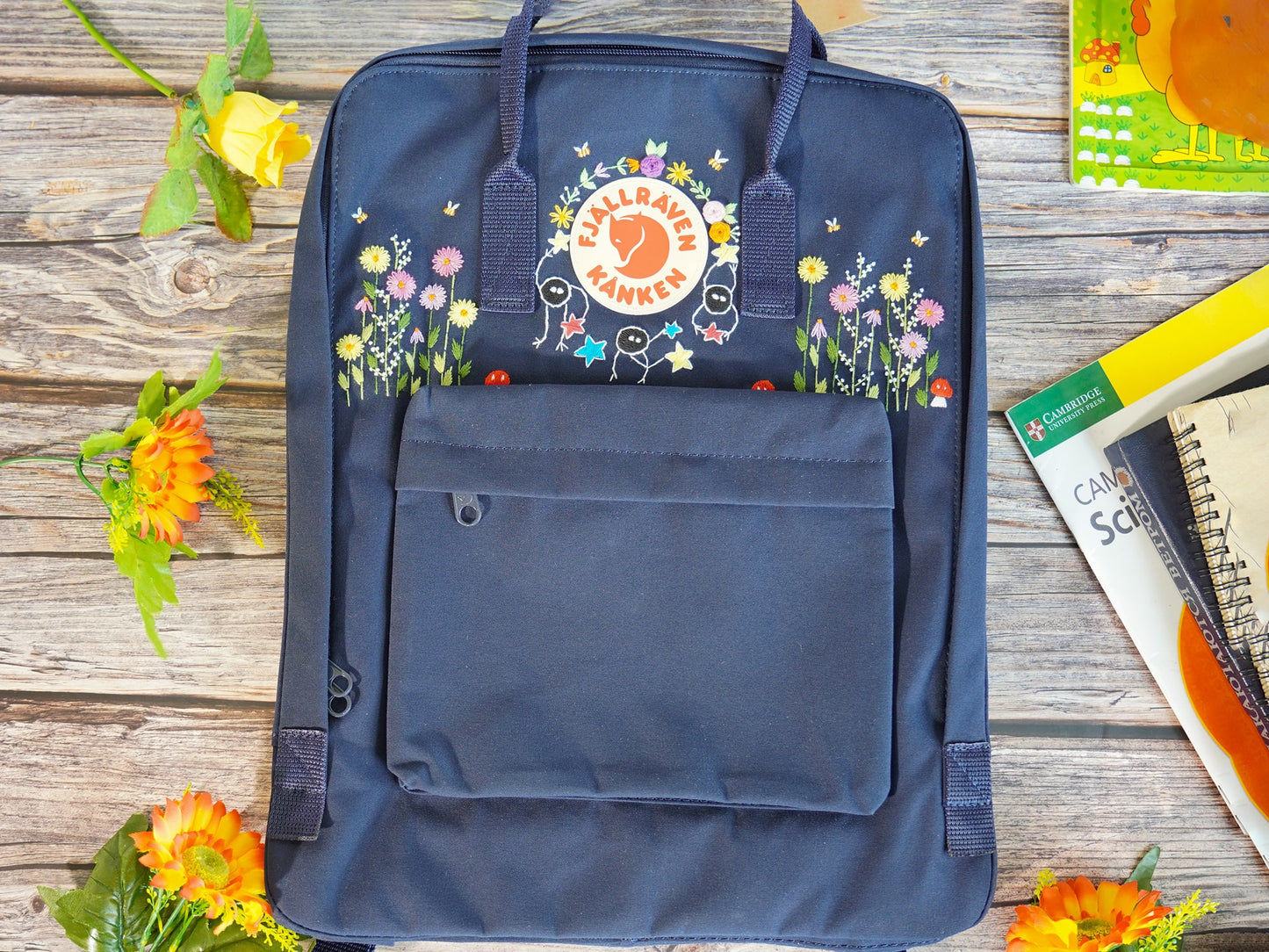 Fjallraven Kanken backpack with colorful floral embroidery