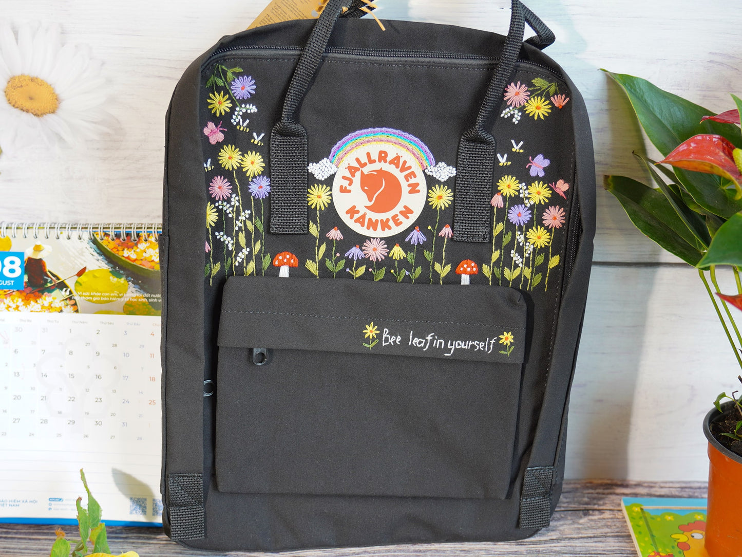 Kanken Backpack Embroidered with Flower and rainbow