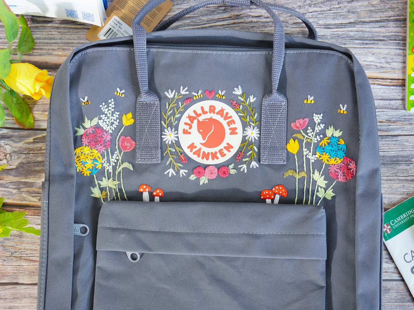 Fjallraven kanken backpack embroidered with hydrangeas