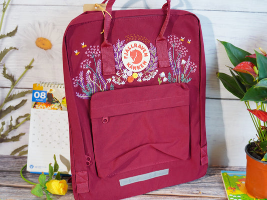 Fjallraven kanken backpack embroidered with lavender flowers