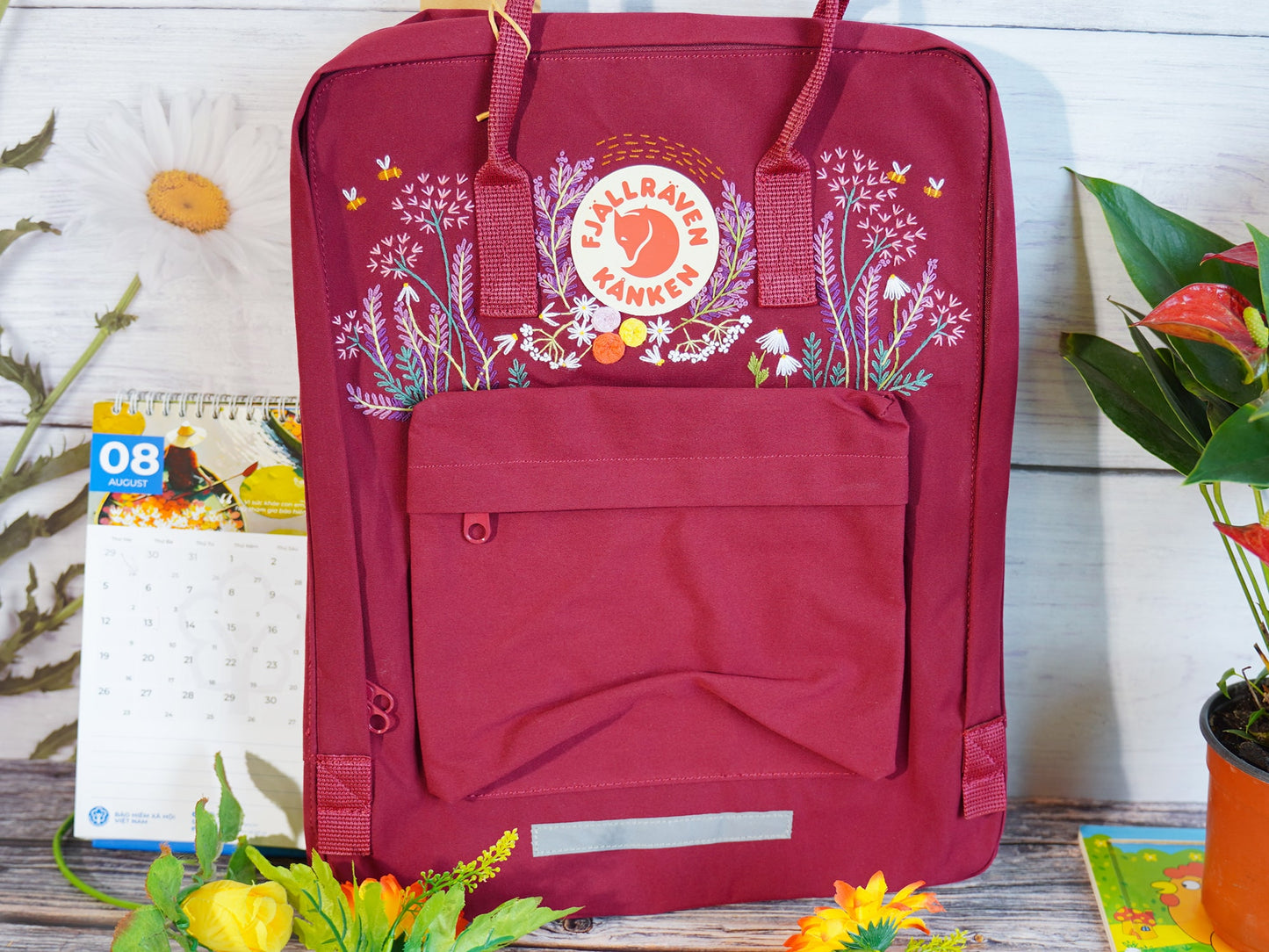 Fjallraven kanken backpack embroidered with lavender flowers