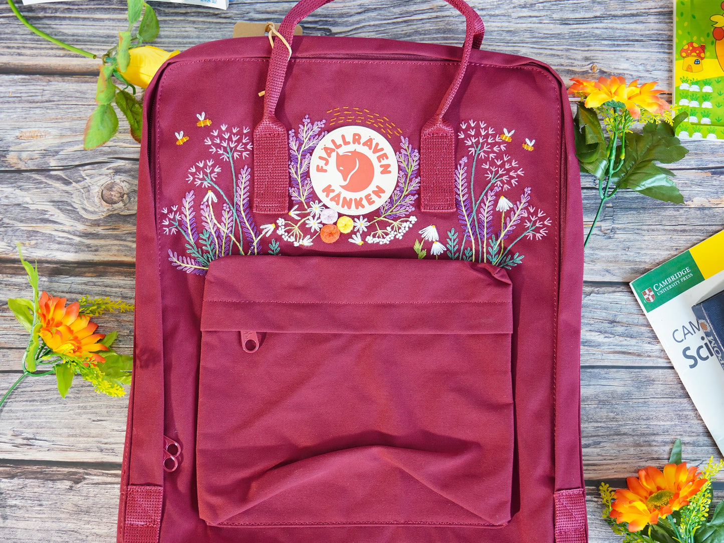 Fjallraven kanken backpack embroidered with lavender flowers