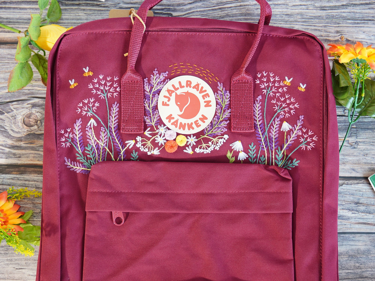 Fjallraven kanken backpack embroidered with lavender flowers