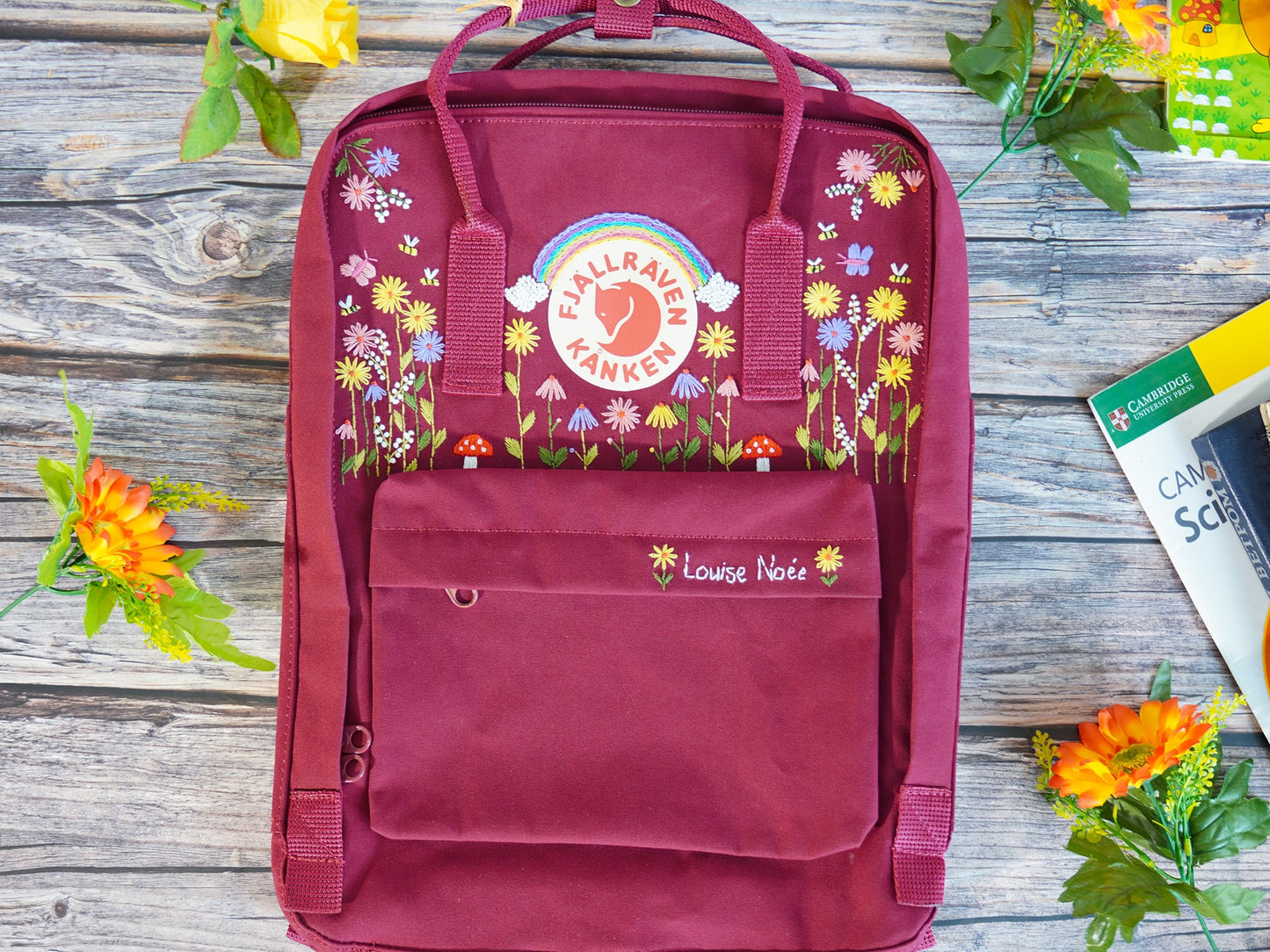 Fjallraven kanken backpack embroidered sunflowers, Fjallraven kanken backpack embroidered with wildflowers, Embroidered rainbow