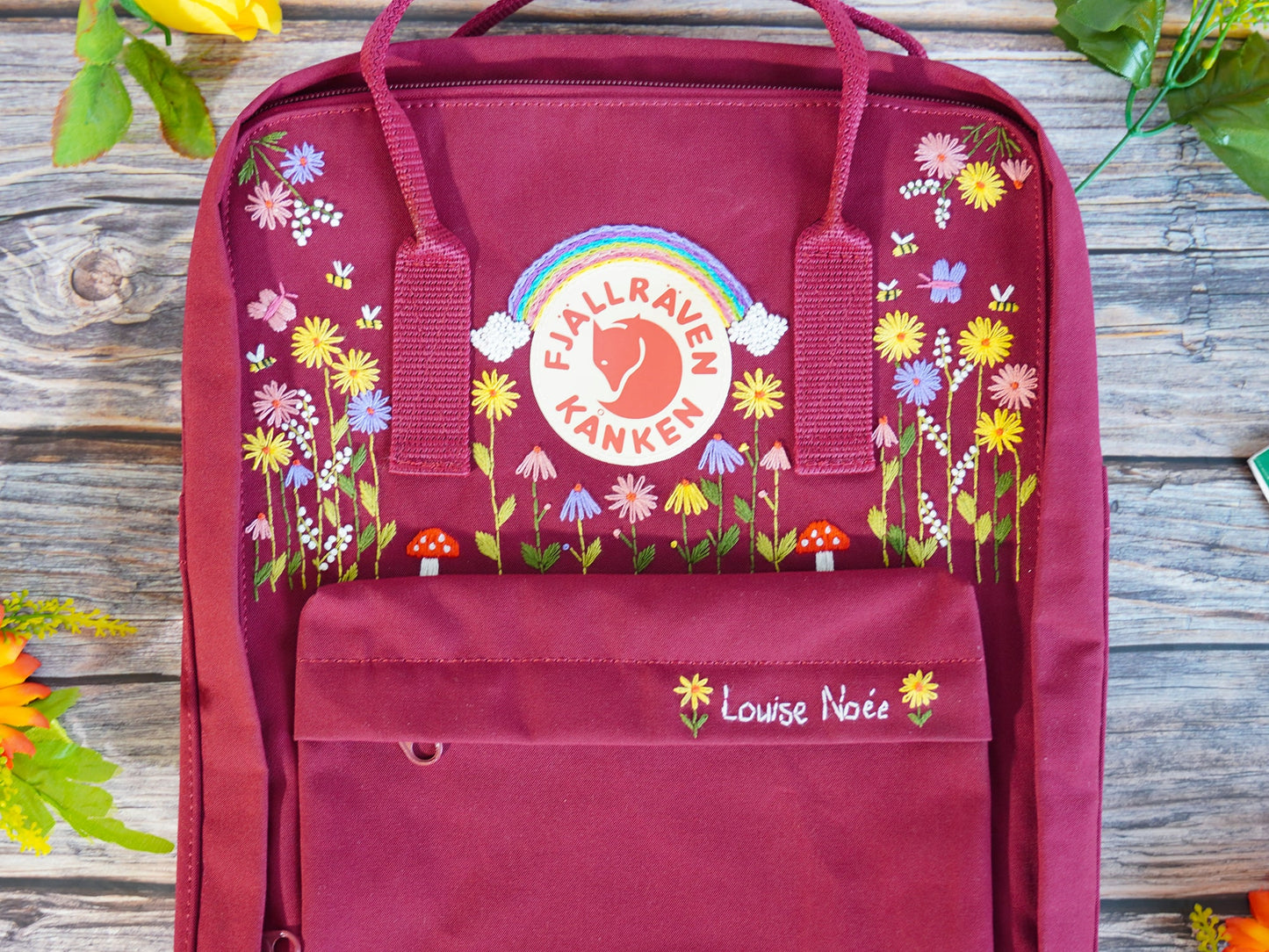 Fjallraven kanken backpack embroidered sunflowers, Fjallraven kanken backpack embroidered with wildflowers, Embroidered rainbow