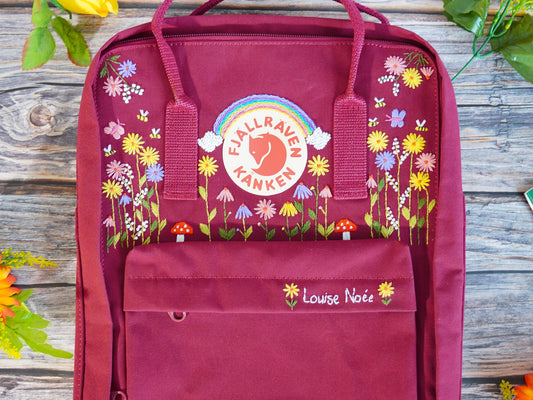 Fjallraven kanken backpack embroidered sunflowers, Fjallraven kanken backpack embroidered with wildflowers, Embroidered rainbow