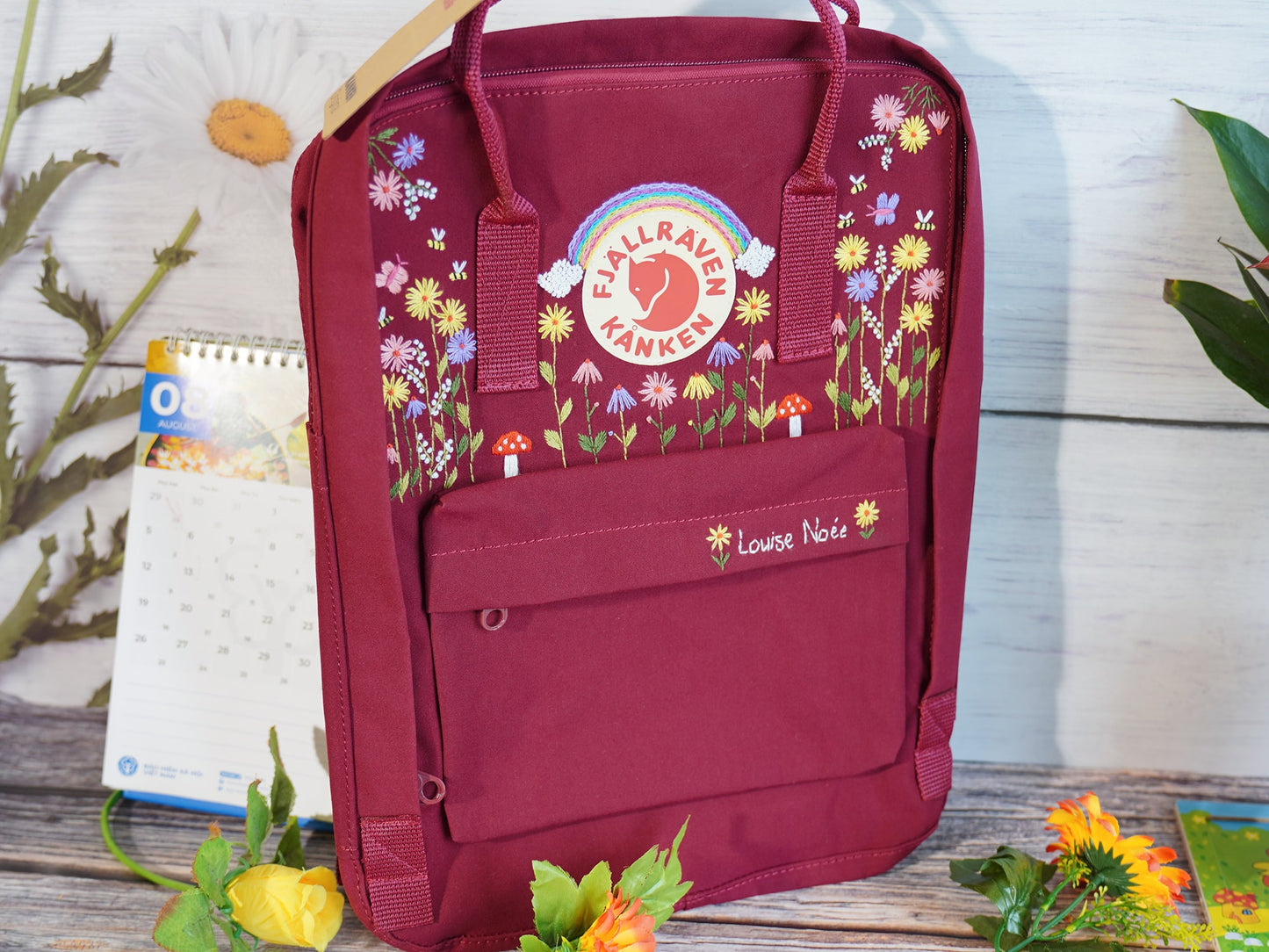 Fjallraven kanken backpack embroidered sunflowers, Fjallraven kanken backpack embroidered with wildflowers, Embroidered rainbow