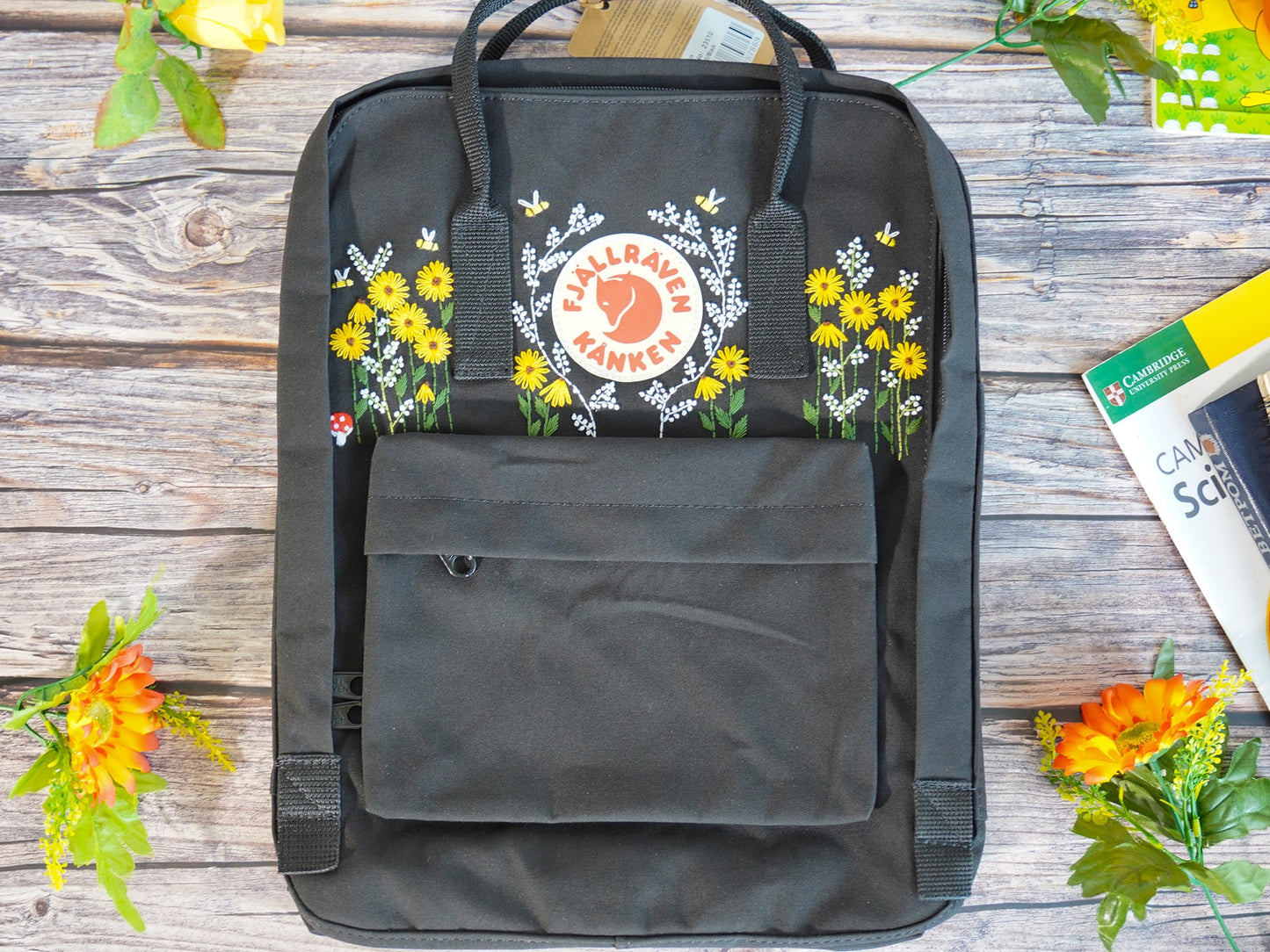 Fjallraven kanken backpack embroidered with flowers and bees