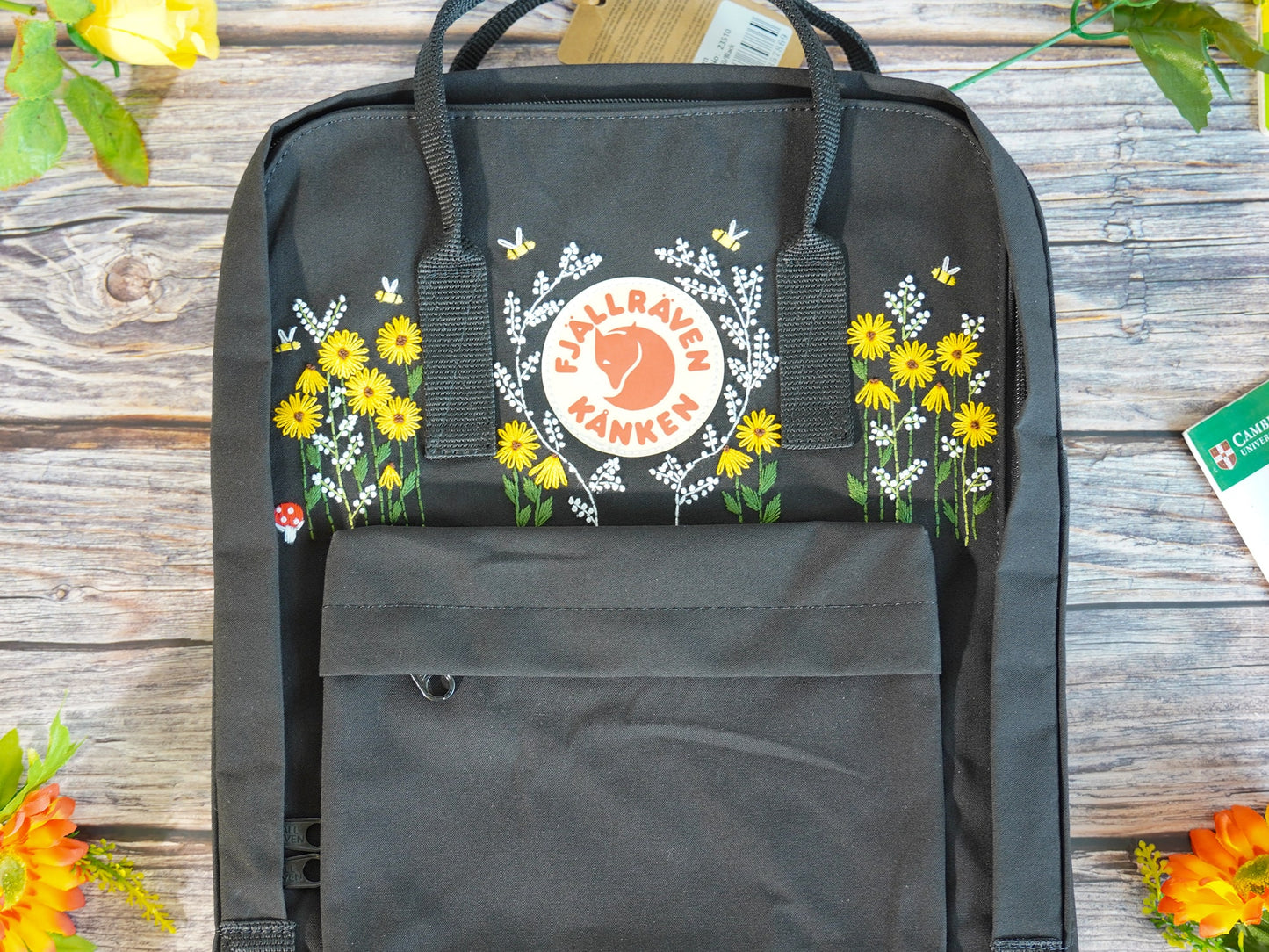 Fjallraven kanken backpack embroidered with flowers and bees