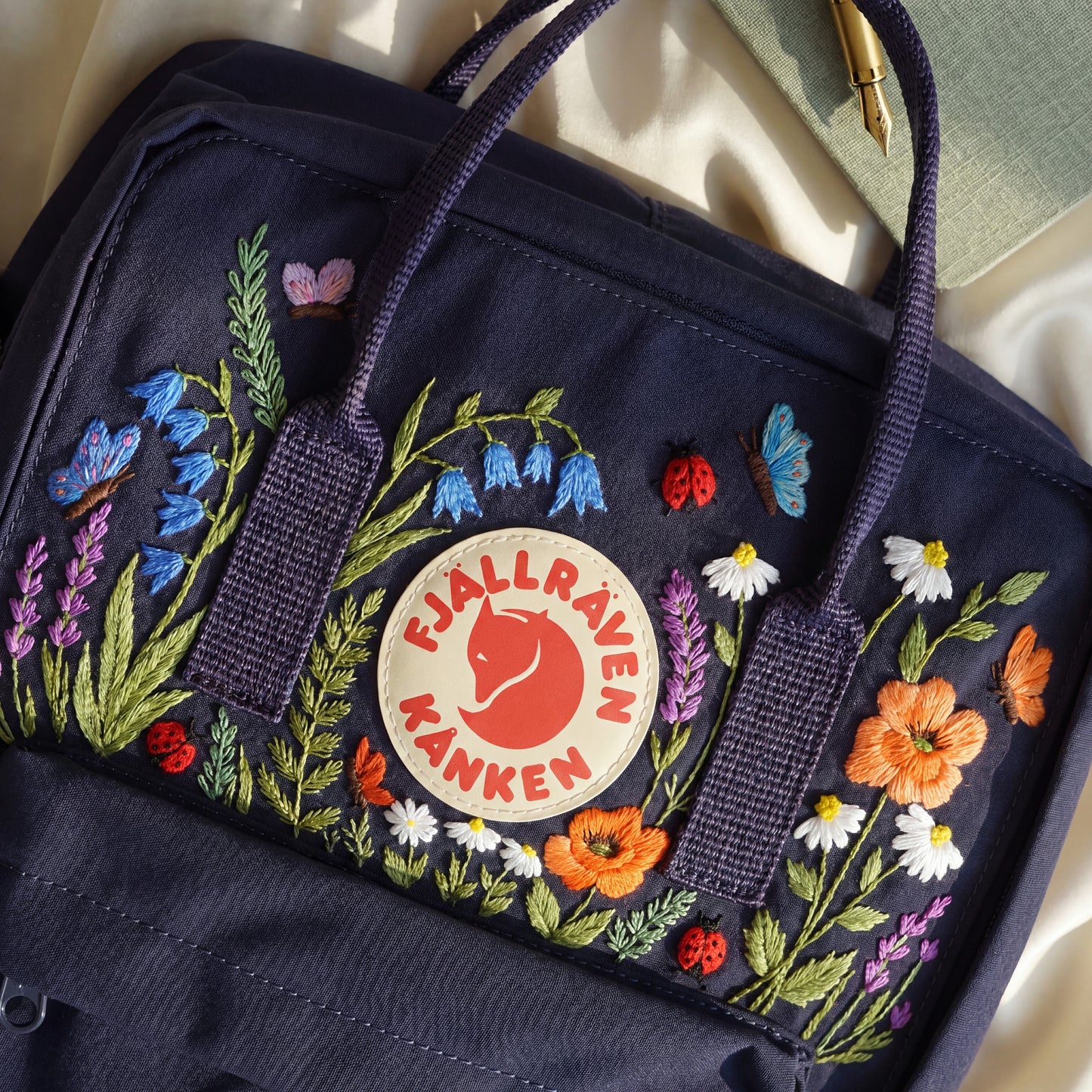 Fjallraven Kanken Wildflower Embroidered Backpack | Poppy Bluebell Daisy Floral Kanken Bag | Butterfly Ladybug Garden Design |Shool Backpack