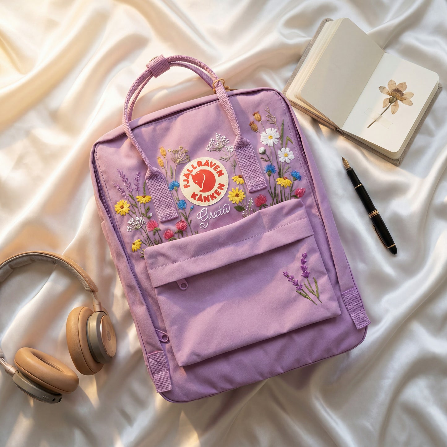 Custom Embroidered Fjallraven Kanken Backpack Wildflower | Fjallraven Kanken Travel Backpack| Back to School Gift |Wildflower Bag