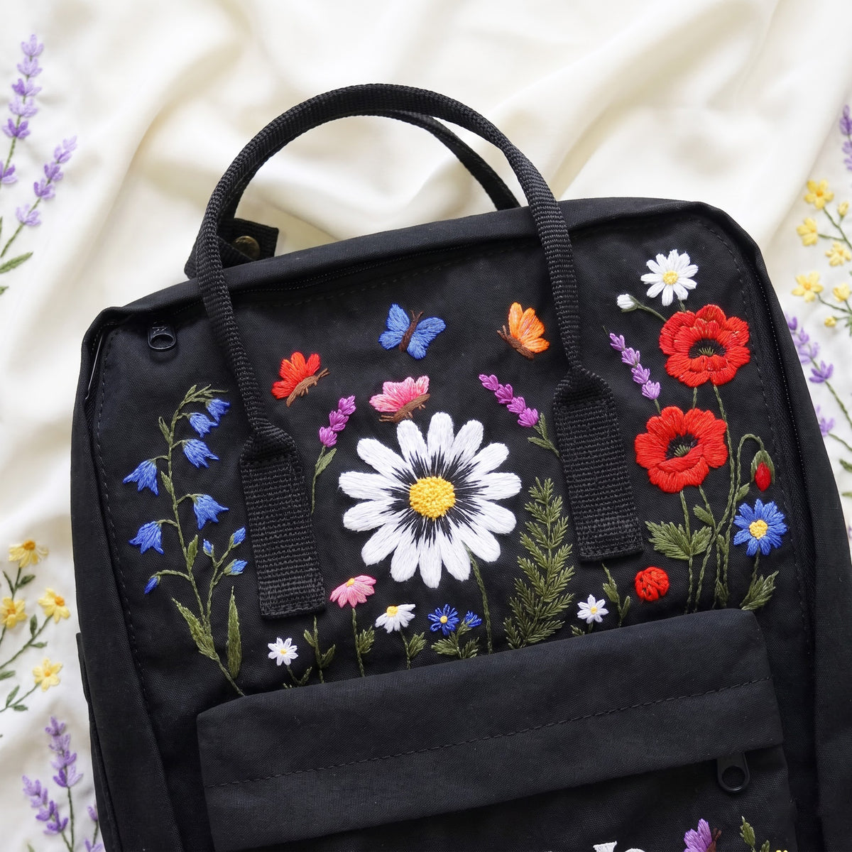 Hand Embroidered Fjallraven Kanken Wildflower Garden Backpack with Bees, Butterflies & Ladybugs | Colorful Flower Garden Kanken Backpack (Copy)