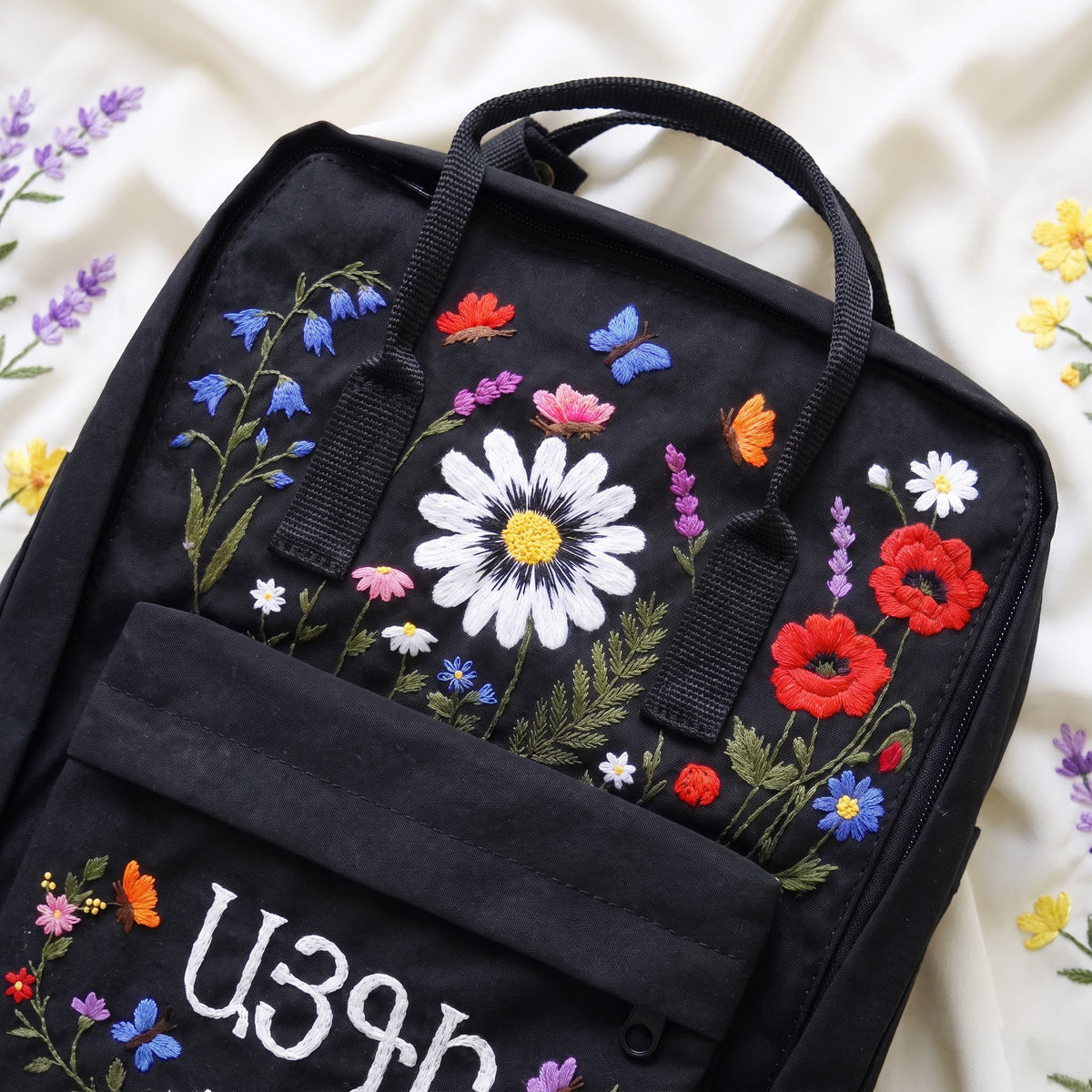 Hand Embroidered Fjallraven Kanken Wildflower Garden Backpack with Bees, Butterflies & Ladybugs | Colorful Flower Garden Kanken Backpack (Copy)