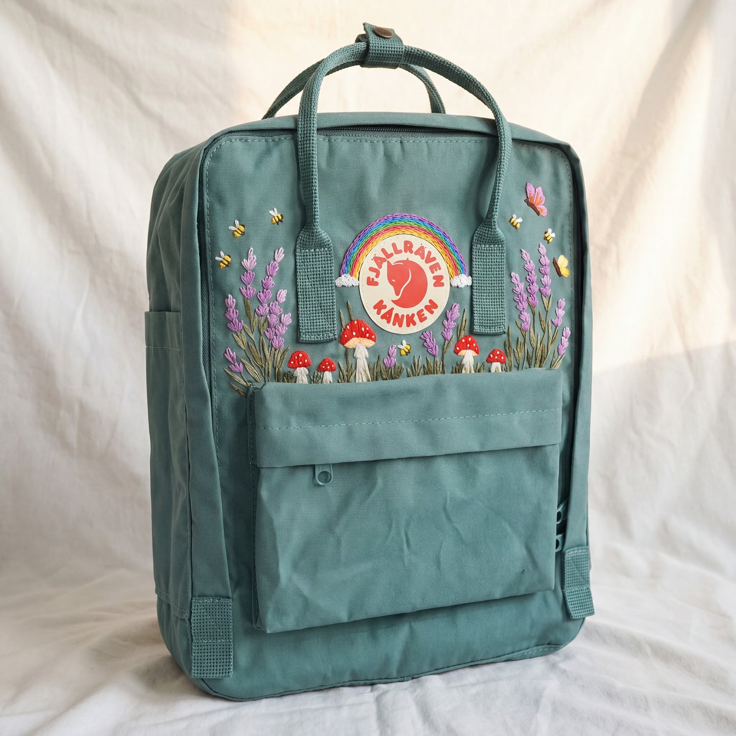 Embroidered Lavender Mushroom Fjallraven Kanken Backpack | Lavender Mushroom Cottagecore Backpack | Cute Rainbow Floral School Bag