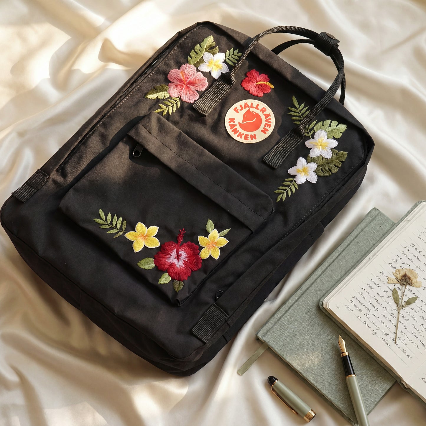 Tropical Floral Fjallraven Kanken Backpack | Hibiscus & Plumeria Embroidered Kanken Bag | Handmade Tropical Style Backpack| Travel Backpack