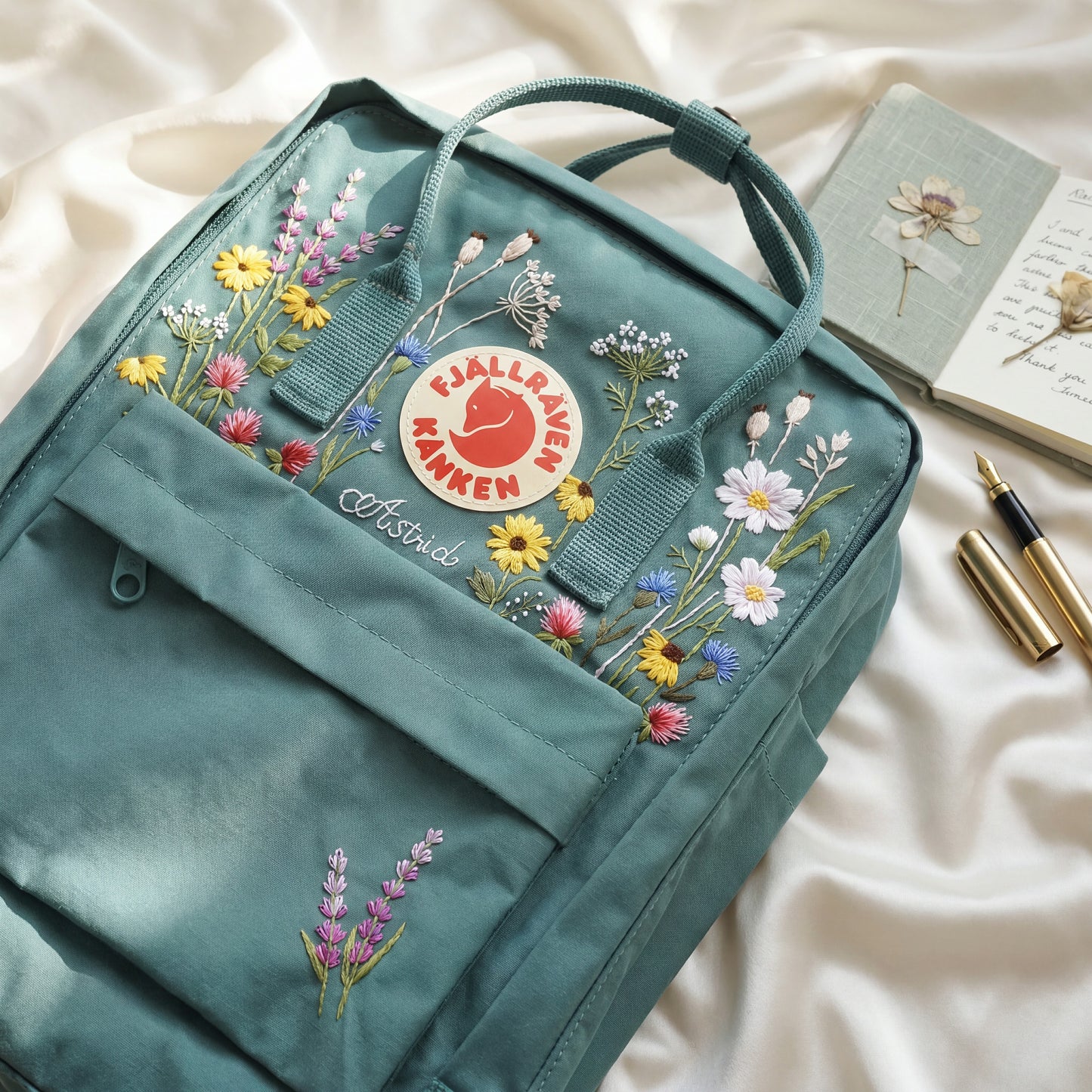 Custom Embroidered Fjallraven Kanken Backpack Wildflower | Fjallraven Kanken Travel Backpack| Handmade Cottagecore School Bag|Wildflower Bag
