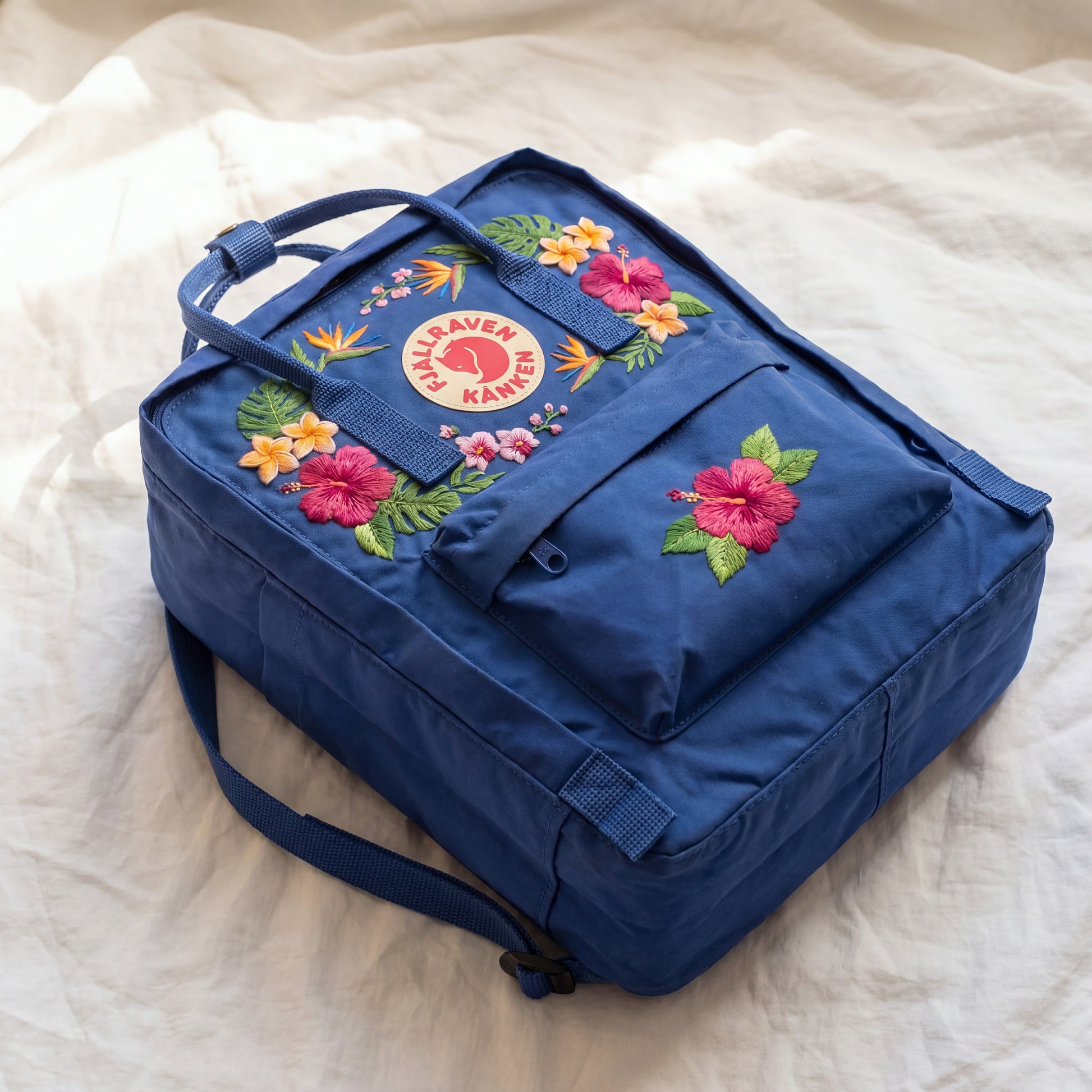 Personalized Fjallraven Kanken Backpack with Colorful Tropical Flower Embroidery