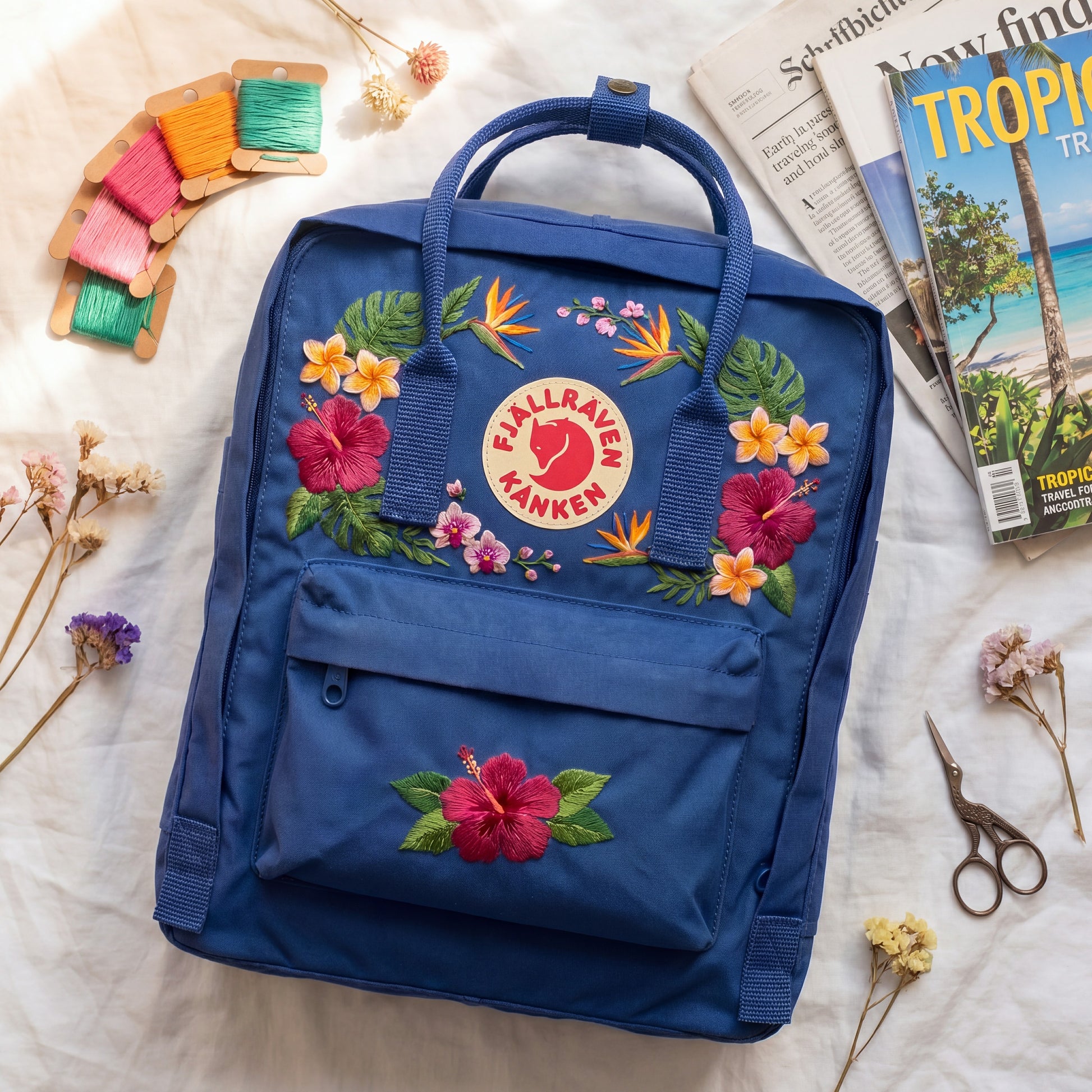 Custom Embroidered Fjallraven Kanken Backpack with Tropical Hibiscus and Plumeria Flowers