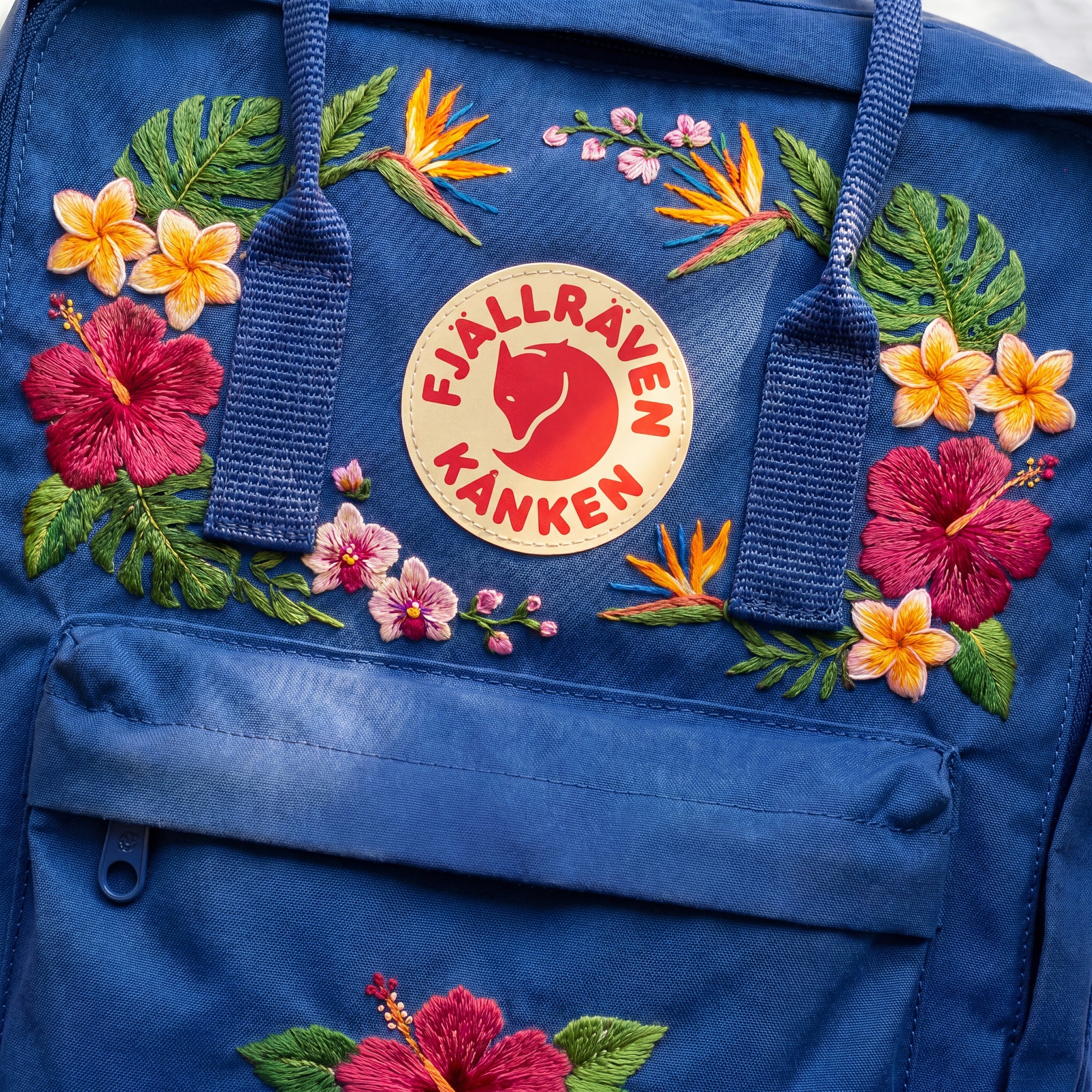 Handmade Floral Embroidered Kanken Backpack Featuring Hibiscus, Plumeria and Tropical Leaves