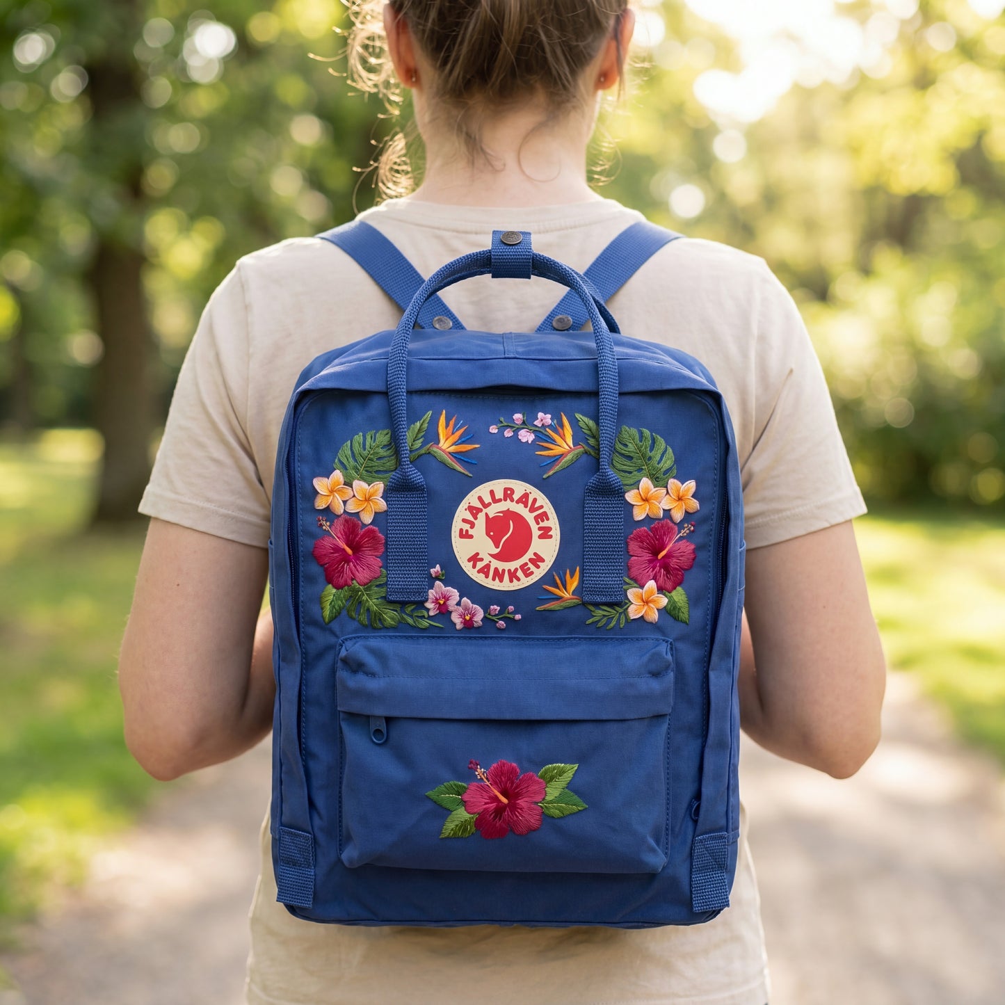 Custom Embroidered Fjallraven Kanken Backpack, Tropical Hibiscus & Plumeria Flowers, Hawaiian Floral Backpack, Travel Gift for Her