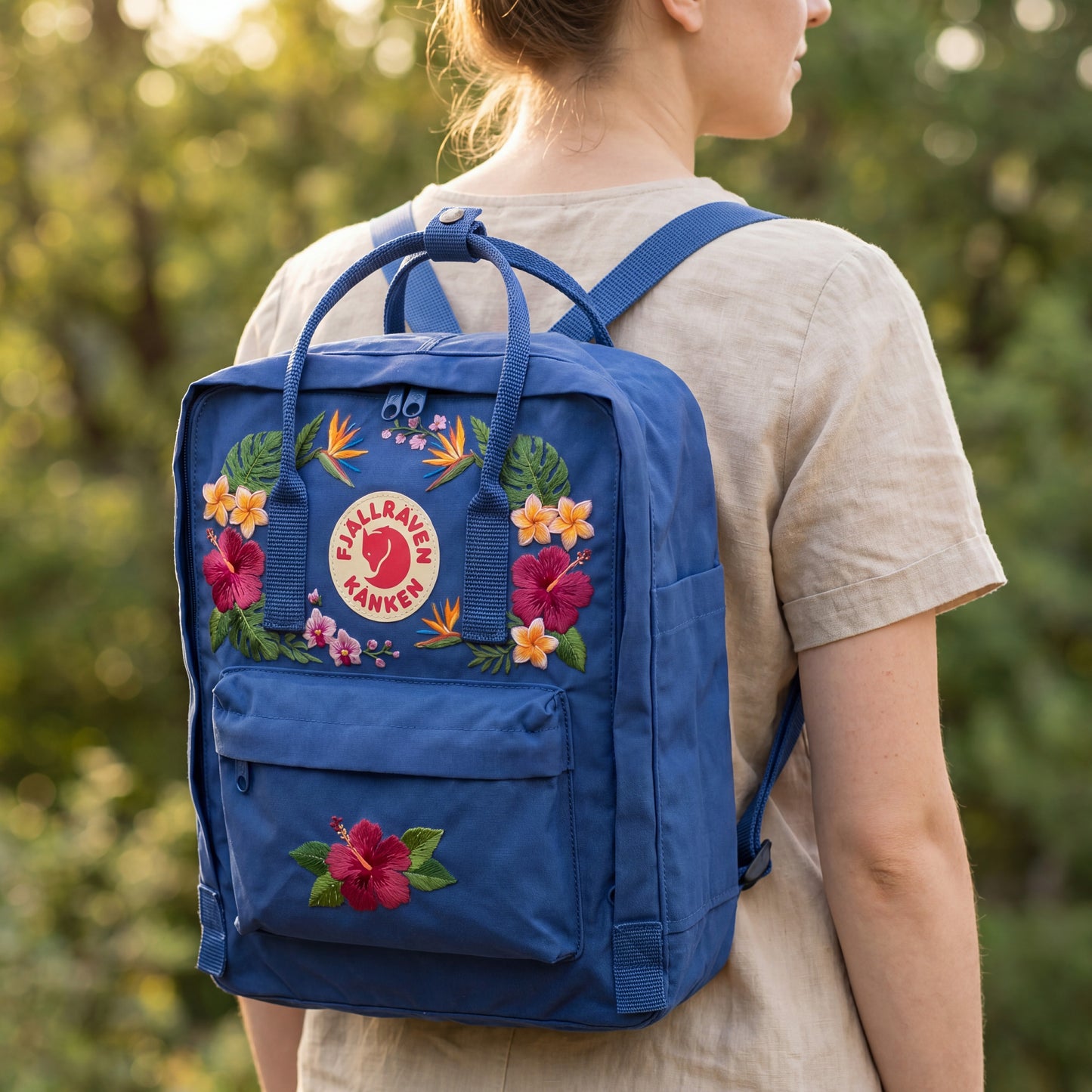 Custom Embroidered Fjallraven Kanken Backpack, Tropical Hibiscus & Plumeria Flowers, Hawaiian Floral Backpack, Travel Gift for Her
