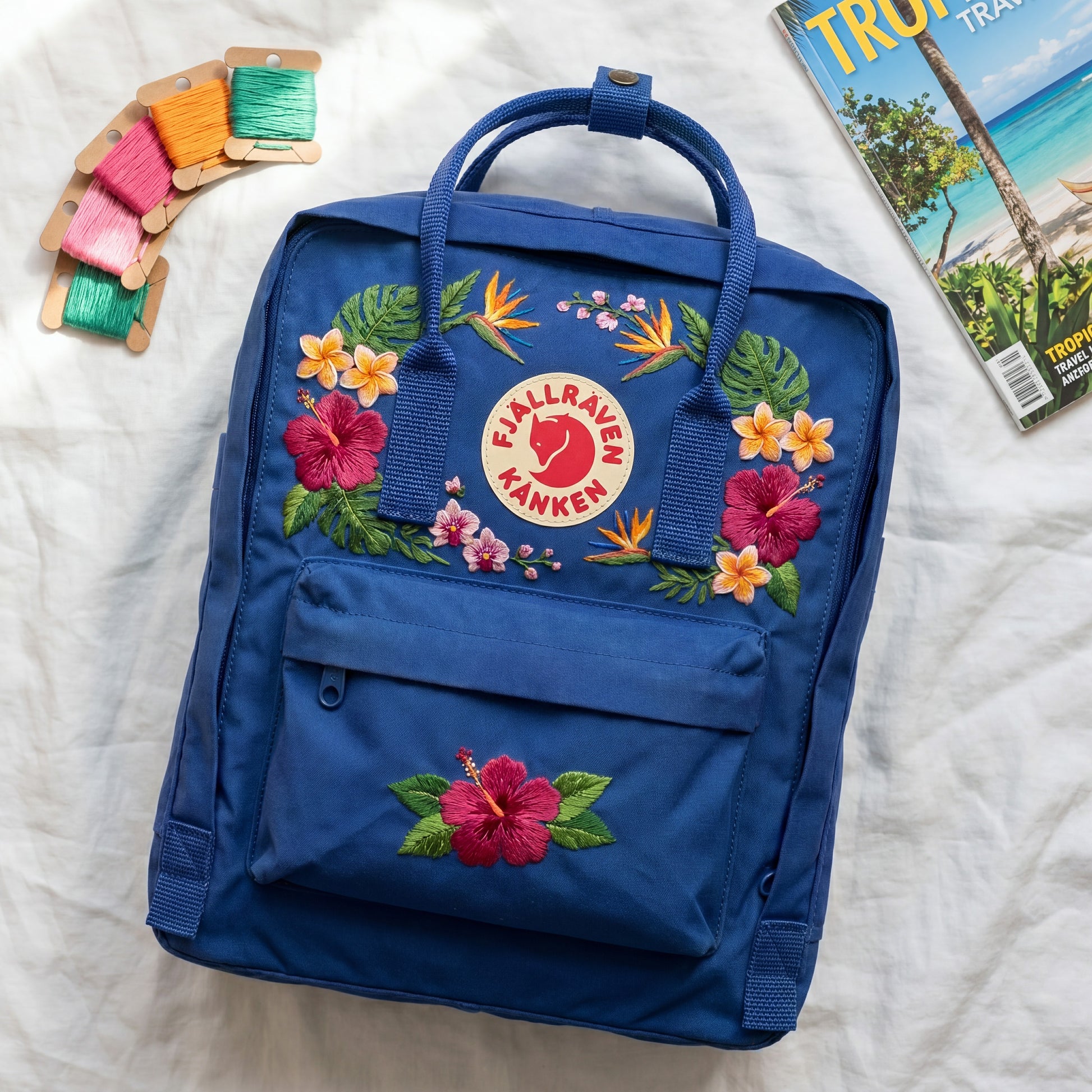 Blue Kanken Backpack Embroidered with Hibiscus Flowers and Tropical Botanical Design