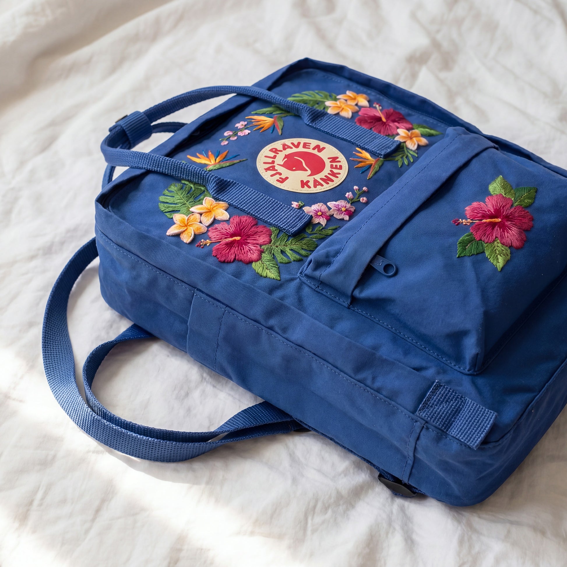 Custom Floral Kanken School Backpack with Handmade Tropical Embroidery Artwork
