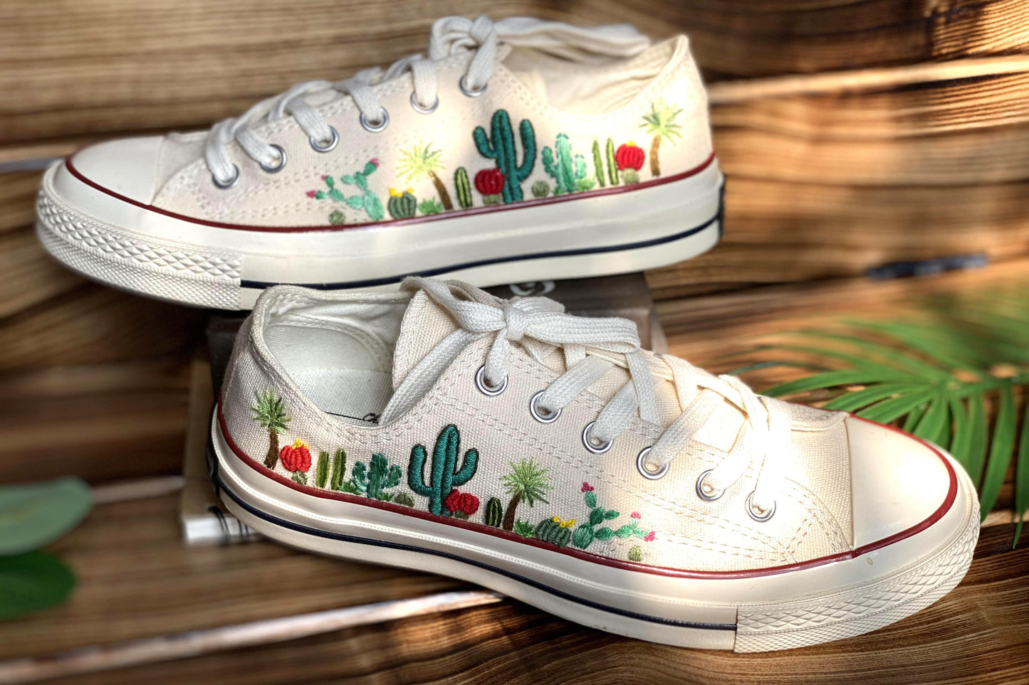 Low-top Converse shoes embroidered with a custom cactus flower design/Embroidered cactus desig