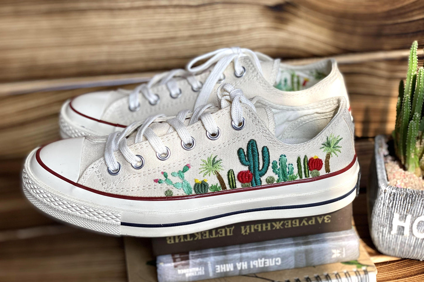 Low-top Converse shoes embroidered with a custom cactus flower design/Embroidered cactus desig