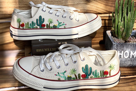 Low-top Converse shoes embroidered with a custom cactus flower design/Embroidered cactus desig