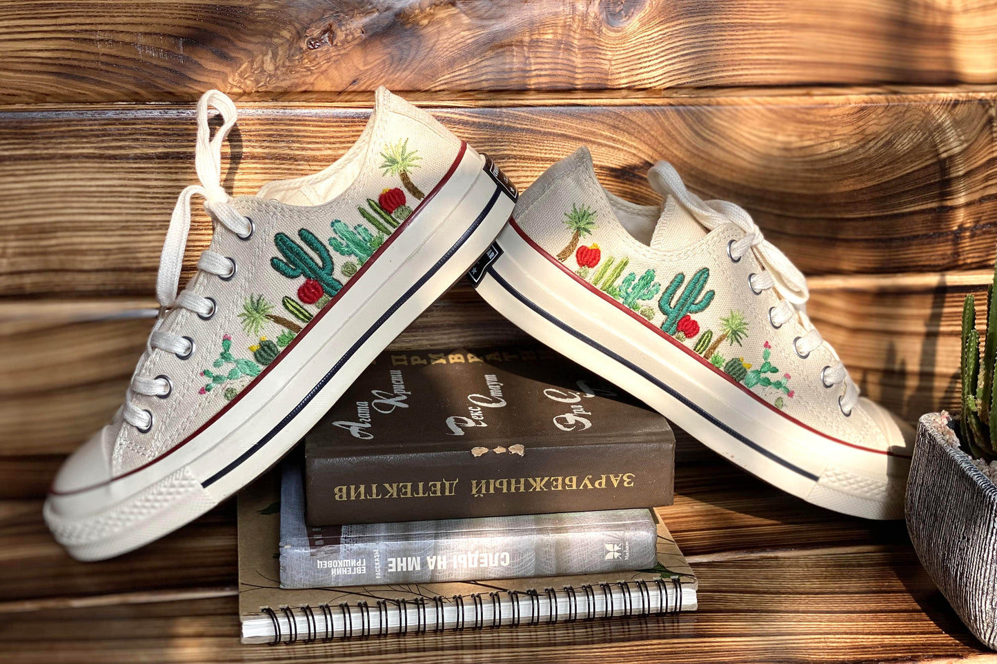 Low-top Converse shoes embroidered with a custom cactus flower design/Embroidered cactus desig